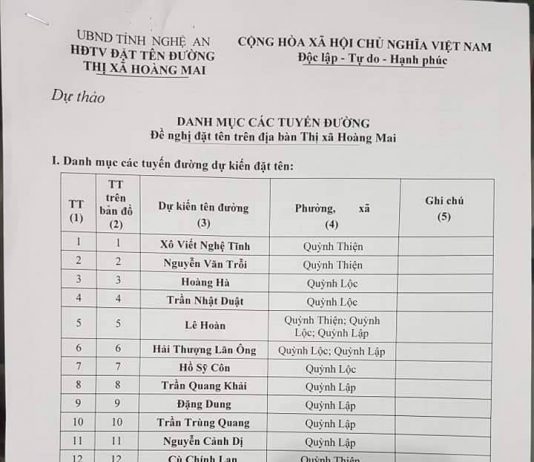 Dự kiến đặt tên các tuyến đường trên địa bàn Thị Xã Hoàng Mai